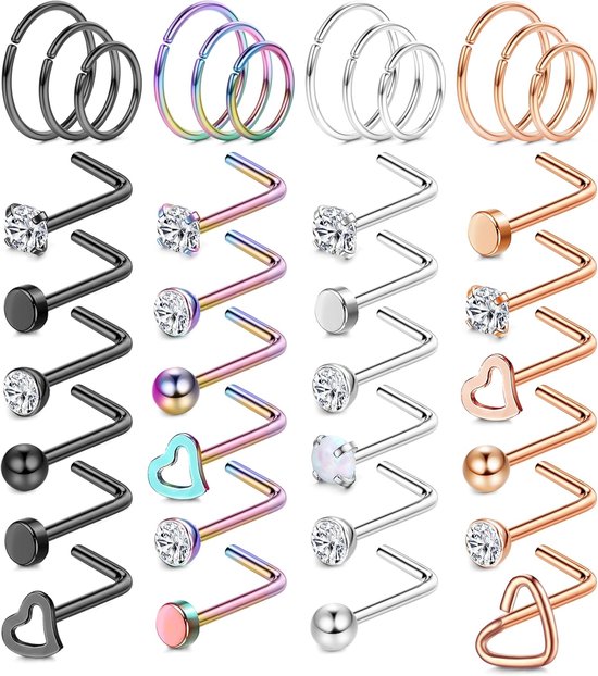 36 stuks, 18 g, 20 g, neuspiercing, chirurgisch staal, neuspiercing, opaal, zirkonia, neuspiercing, neuspiercing, sieraden voor vrouwen en mannen