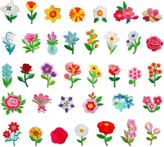 36 stuks bloemvormige opstrijkbare patches voor kleding, roze madeliefje pioen geborduurde patch, doe-het-zelf decoratieve patches voor T-shirts, jeans, jassen, hoeden, tassen