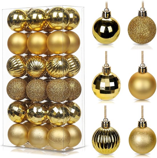 36 stuks gouden kerstballen voor kerstboom, 4 cm mini onbreekbare plastic kerstballen ornamenten met touwtjes, 6 design kerstballen hangende ballen voor binnen, buiten, Kerstmis, vakantie