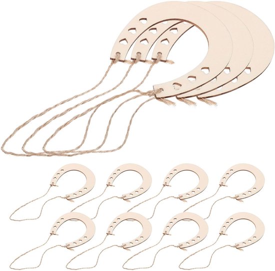 36 Stuks Hoefijzer Houten Uitsparingen met Voorgeboorde Jute Touw Onbewerkt DIY Graffiti Houtsnippers voor Feestdecoraties Creatieve Handwerkprojecten