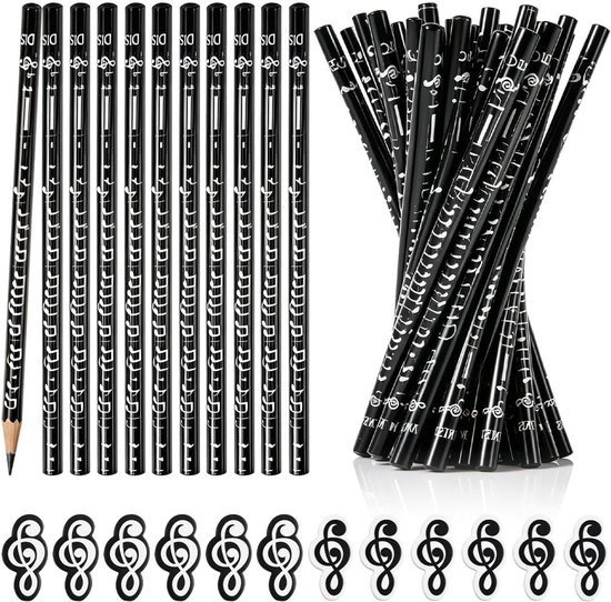 36 stuks muzieknotenstiften, 24 potloden voor muzieknoten + 12 gummen, pennen met muzieknoten, potlood, muziekmotieven, houten potloden voor studenten, klaslokaal, feestgeschenken