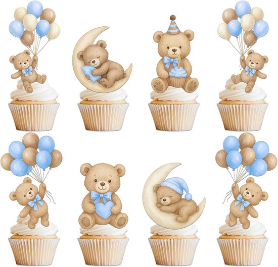 36 stuks taartdecoratie beer, cupcake-topper, beer blauw met ballonnen, maan en hart, taartdecoratie babyshower, taarttopper beer verjaardag, doop, gender reveal, set cupcake-taartfeest