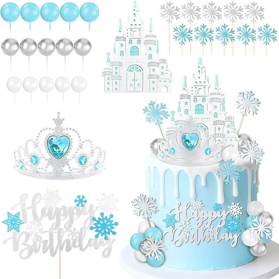 38 stuks blauwe prinsessenkroon sneeuwvlokken verjaardagstaart