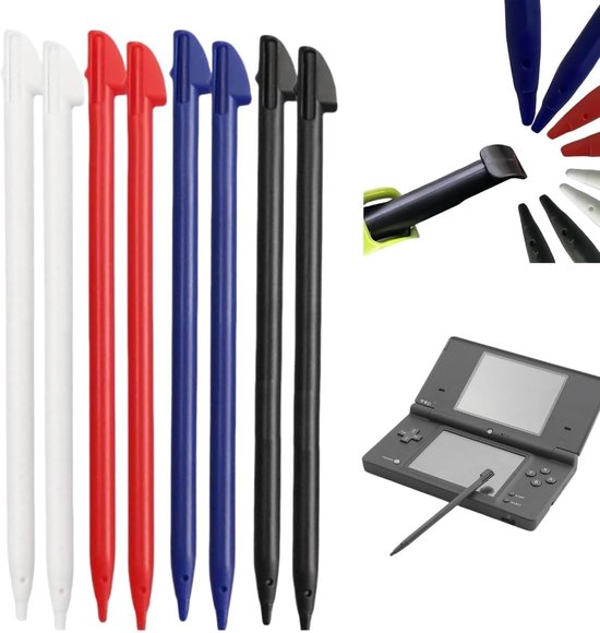 3DS-stylus-set met 8 pennen van kunststof (2 zwart, 2 wit, 2 roze, 2 blauw) - nauwkeurige en duurzame speelaccessoires voor touchscreen