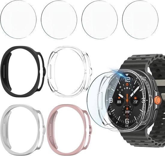 4 + 4 stuks beschermhoes 46 mm voor Samsung Galaxy Watch 8 Classic displaybescherming, krasbestendig PC beschermhoes + HD displaybescherming van gehard glas voor Galaxy Watch 8 46 mm (zwart