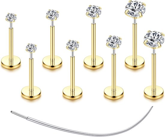 4-8 Stuks G23 Titanium Helix Piercing Sieraden Draadloze Tragus Conch Labret Lip Medusa Piercing Sieraden Neuspiercing Platte Achterkant Kraakbeen Oorbellen Zilver Goud Tragus Stud