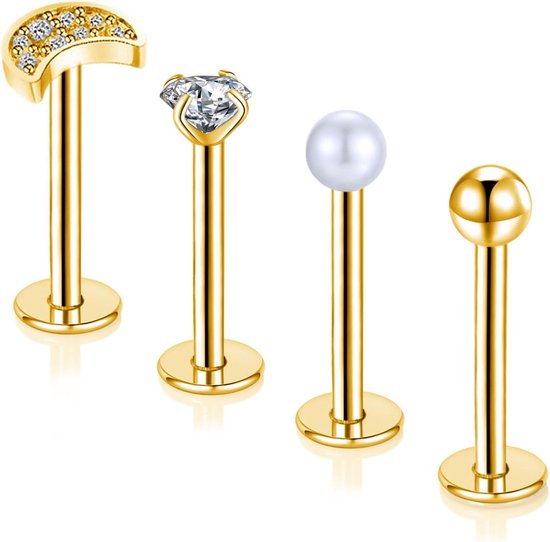 4 lippiercings, 10 mm, labret, helix, mannelijk, 1,2 mm, lippiercing, kraakbeen, tragus, onderlip, studs, zilver, goud