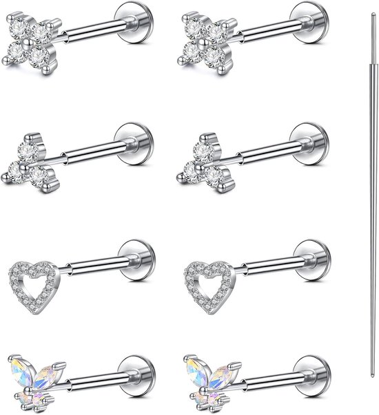 4 paar Flat Back oorbellen voor dames - 20G 8 mm roestvrij staal push-in neuspiercing met hart, bloemen en vlinders zirkonia voor helix, tragus, conch en daith piercing sieraden