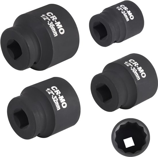 4 stuks 1/2 inch veeltand doppendoos 24/30/32/36 mm, 12-kant dopsleutelset, chroom-vanadium-staal veeltand dopset, dopspannerset