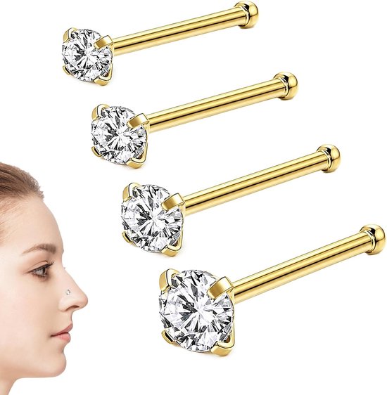 4 stuks 14K goud 20G neuspiercing, chirurgisch staal, neuspiercing, steker, zirkonia, L-vormige neussteker, rechte schroef, 1,5/2/2,5/3 mm