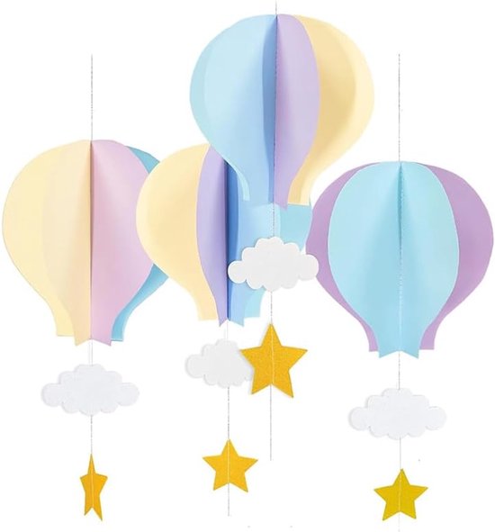 4 stuks 3D gekleurd papier hete ballon party hangende decoratie, hete ballon sterren wolken hangende decoratie, geschikt voor klaslokaaldecoratie, bruiloften, verjaardagsfeestje, kerstdecoratie