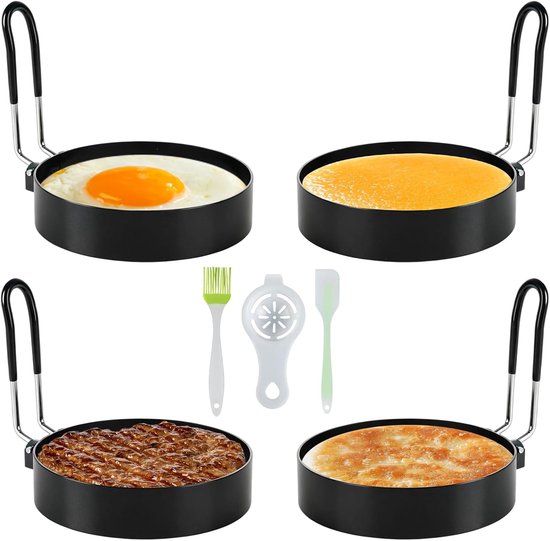 4 stuks 9 cm zwarte roestvrijstalen eierringen met dompelgreep, antiaanbaklaag, complete set met oliekwast, eierscheider, siliconen spatel, hittebestendig, keukengerei voor ontbijt, braden
