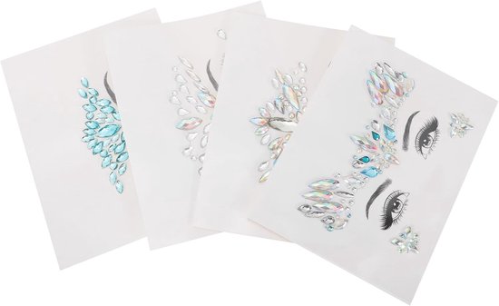 4 Stuks Delige Crystal Rhinestone Gezichtssieraden Zelfklevende Festival Glitter Steentjes voor Make-up Body Art Veilig Materiaal voor Feest Bruiloft Verkleedpartijen