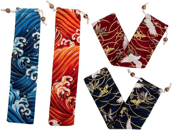 4 Stuks Delige Japanse Stijl Opbergzakjes met Trekkoord Duurzame Katoenen Etui voor Vorken Kammen Waaiers Beschermt Tafelgerei tegen Vuil voor Feestelijke Diners