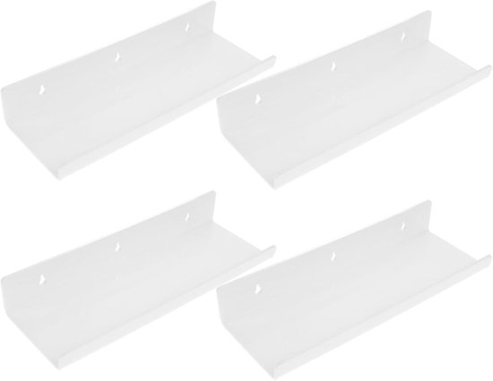 4 Stuks Delige Witte Zwevende Wandplanken Muurplank zonder Boren Minimalistische Opbergplank met Lip voor Woonkamer Slaapkamer Badkamer Keuken