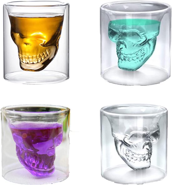 4 stuks doodshoofd-glazen, wodka-glas, doodskopglazen, drinkbekers, bittere glazen, voor huizen, cafés, restaurants, bars en feesten, koffie, bier, thee (75 ml)