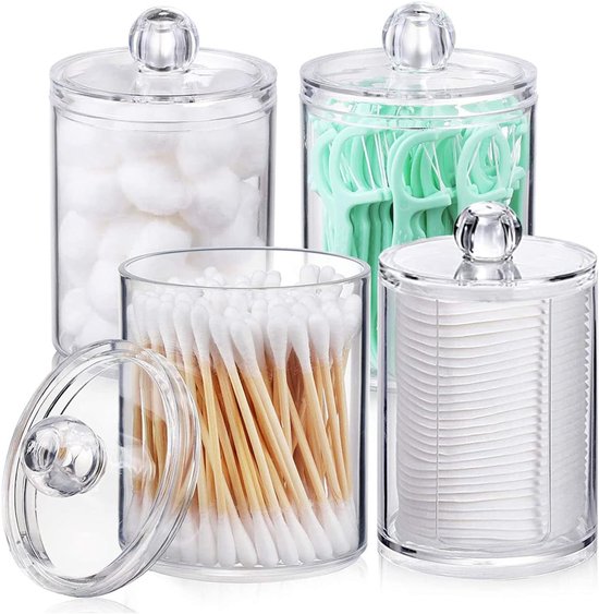 4 Stuks Doorzichtige Plastic Voorraadpotten met Afneembare Deksels, voor Wattenstaafjes Ballen Cosmetische Pads in de Badkamer