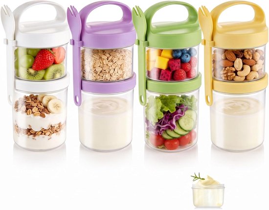 4 stuks dubbellaagse yoghurt Overnight Oats bekers, 560 + 360 ml vershoudbeker, herbruikbare slabeker met lepel en vork, draagbare mueslibeker voor onderweg, ontbijt to go