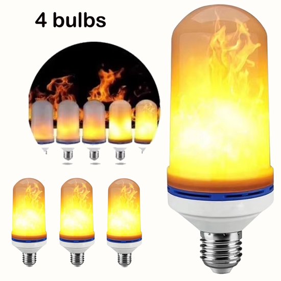 4 stuks E27 LED-vlameffectlampen, vuurlampen, flikkerende vlamlampen, decoratieve verlichting voor de feestdagen, Kerstmis, Halloween, bruiloft, diner, tafeldecoratie, vlamlampen
