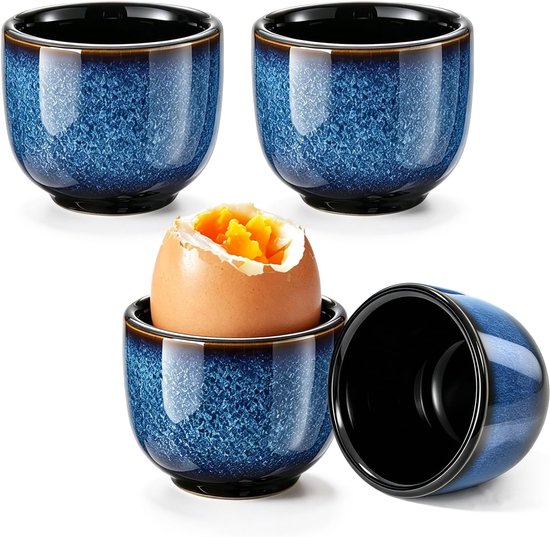 4 stuks eierdopjes porselein, eierdopjes keramiek voor sauzen en specerijen, eierhouder voor gekookte eieren, ontbijt, vaatwasmachinebestendig (blauw)