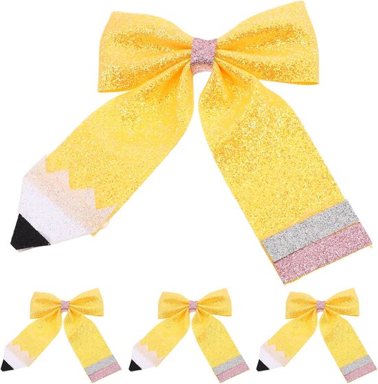 4 stuks haarstrikjes in potloodvorm voor de eerste schooldag | Geel geverfde haarclips in potloodvorm | Glitter kunstleren accessoires voor de eerste schooldag, een leuk cadeau voor peuters,