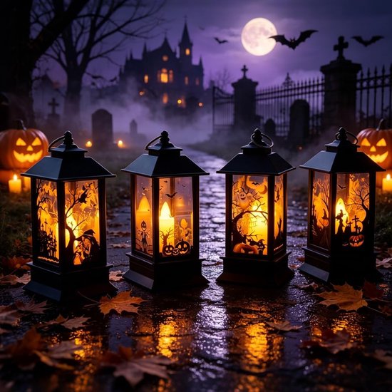 4 stuks Halloween decoratieve pompoen lantaarn, Halloween decoratieve kaarslantaarn, Halloween lantaarn outdoor met led-kaars, Halloween decoratieve lantaarns herfst buiten boom hangdecoratie