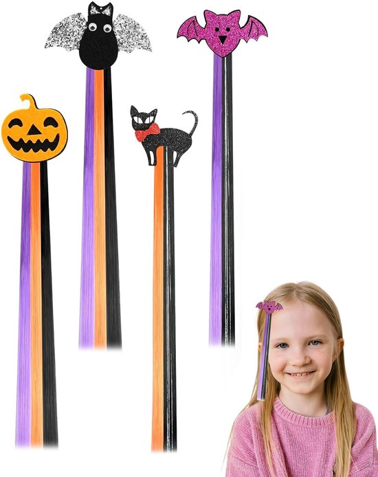 4 stuks Halloween-haarverlengingsclips, geschikt voor glad haar, pompoen-vleermuis-meisjeshaaraccessoires, kleurrijke pruiken, geschikt voor feestverkleedpartijen