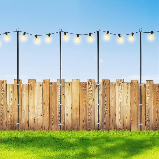 4 stuks hangende lichtstaven voor buiten, 3 m, terrasverlichting, standaard voor buiten, met grondpen en hekhouder, in hoogte verstelbare lichtkettinghouder van metaal, voor tuin, terras, achtertuin