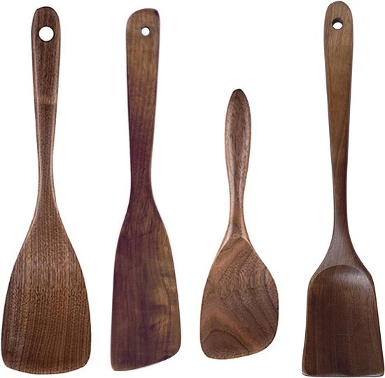 4 stuks houten keukengerei set (C5), natuurlijke zwarte walnoot lepels, verdikte pollepel, hout sleufspatel draaier, extra lange menglepel, schraper