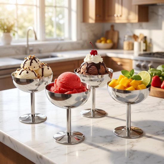 4 stuks ijsbekers Tall Ø 10 cm 200 ml roestvrij staal dessertkom cocktailglazen dessertschaal met voet, Ice Cream Sundae dessertglazen voor fruit, salade, yoghurt en fruitpudding, voor bruiloften
