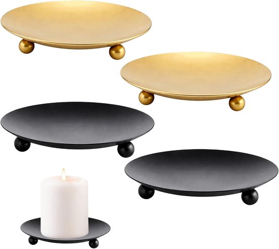 4 stuks kaarsenonderzetters, rond, universele kaarsenonderzetters voor stompkaarsen tot 9 cm, kaarshouder voor Kerstmis, familiefeest en bruiloft (zwart, goud)