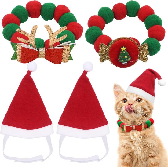 4 stuks kerstkostuum voor katten, kerstmuts kat, kattenkleding, huisdierkostuum, kersthalsband, kerstmanmuts, kerstkostuum, cadeau voor katten, honden, puppy's