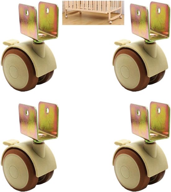 4 stuks kinderwiegwiel in rubberen zwenkwiegwielen 2 inch meubelwiel met rem, babybedje wielaccessoires, belasting 100 kg, dubbel wiel, stil, met U-beugel (25 mm/1 inch) 25 mm/1 inch (kleur: 20 mm/0,8