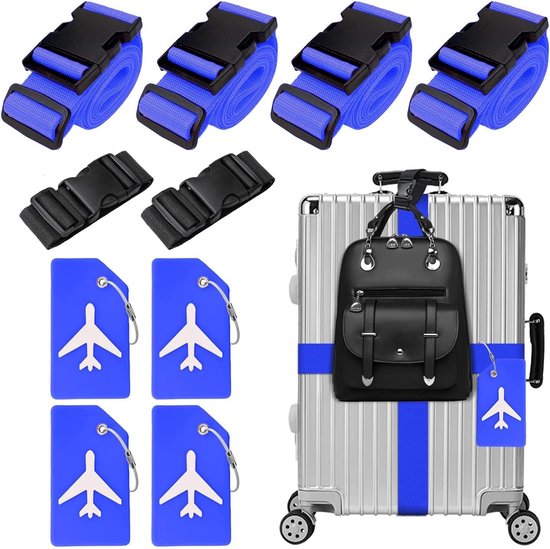 4 stuks kofferriemen, 4 stuks kofferlabels en 2 stuks riemen voor extra bagage, kofferbandriem, verstelbare kofferbanden, opvallende bagageriem voor koffer, blauw