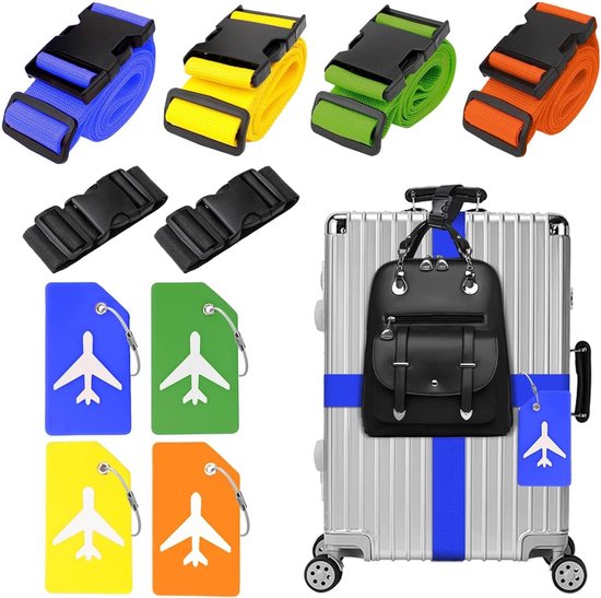 4 stuks kofferriemen, 4 stuks kofferlabels en 2 stuks riemen voor extra bagage, kofferbandriem, verstelbare kofferbanden, opvallende bagageriem voor koffer, oranje, gemengde kleuren