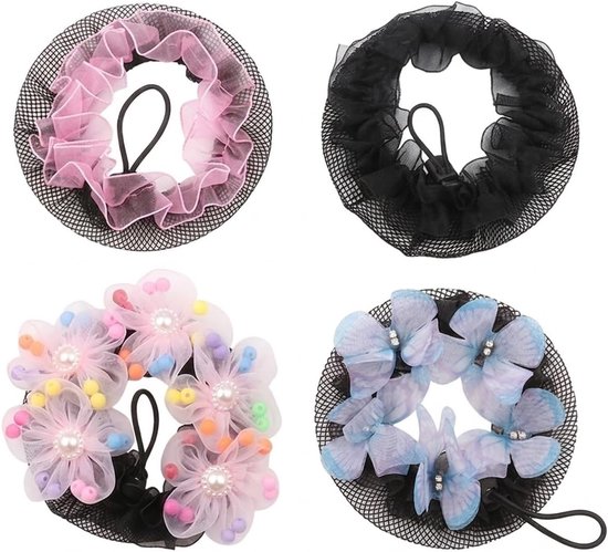 4 Stuks Koord Chignon Net Met Deco – Haar Net Voor Dans, Ballet En Dagelijkse Frisuren, Verstelbaar Dutt Net