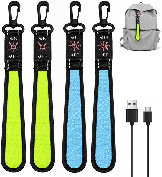 4 stuks LED knipperlicht schooltas: 3 modi USB oplaadbaar reflecterende hanger, veiligheidslicht reflectoren schooltas, waterdichte reflector hanger voor rugzak, wandelen, groen, blauw