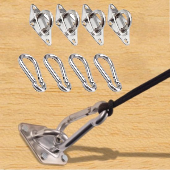 4 stuks M6 Pad oogplaat met 4 stuks karabijnhaken, roestvrij staal Marine Hardware niethaak lus voor muur plafond opknoping (schroeven niet inbegrepen)