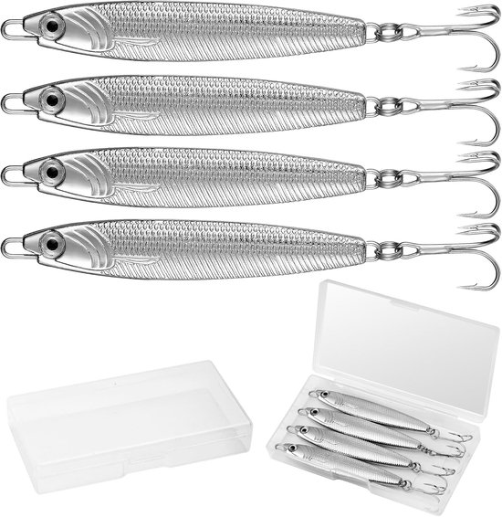 4 stuks metalen zeeforel lokaas met drillingshaken zilver Minnow lepel, aas, snoek, zeevissen, uitrusting, metalen jigs voor kabeljauw, baars, zee & zoetwatervissen