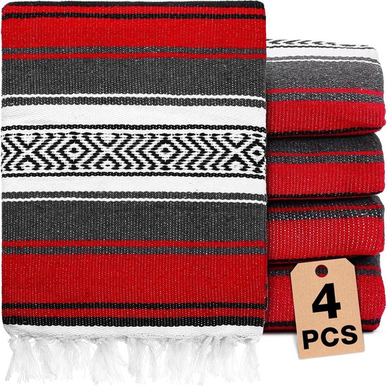 4 stuks Mexicaanse dekens bulk handgeweven Mexicaanse yoga deken handdoek kleurrijke Falsa serape geweven deken boho Mexicaanse stranddekens voor buiten camping strand picknick reizen thuis (rood)