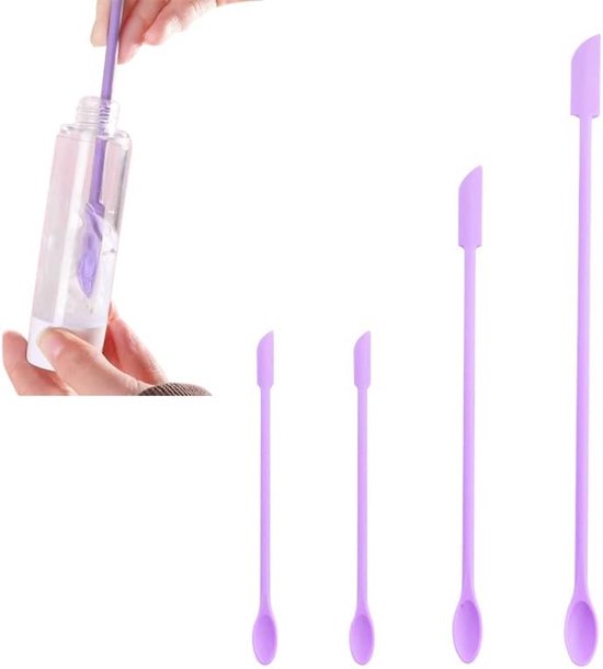 4 stuks Mini Beauty Spatels, Siliconen Make-up Spatel voor Cosmetica en Keuken Koken Bakpot, Krijgen Last Drop Lotion Cream van Smalle Fles Pot Can, Kleine Schraper, Paarse Kleine Lepels