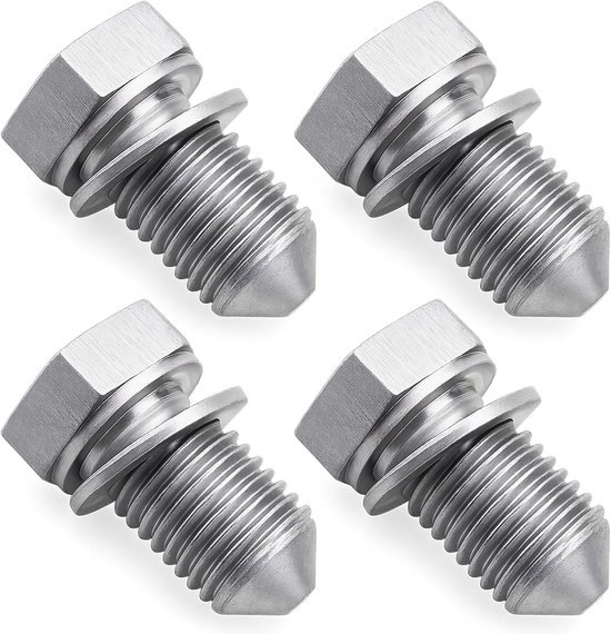4 stuks olieafvoerschroeven met afdichtring, olieaftapschroef M14 x 1,5, olieschroef zilver met sluitring schroefdraad lengte compatibel met N90813202, voor auto's