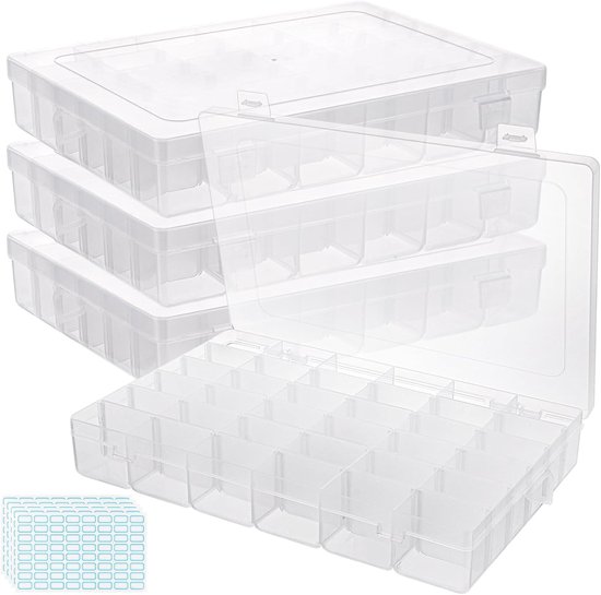 4 stuks opbergdozen met 36 vakken, sorteerdozen met afneembare scheidingswanden, doos voor kleine onderdelen, schroeven, naai-accessoires, kralen, oorbellen