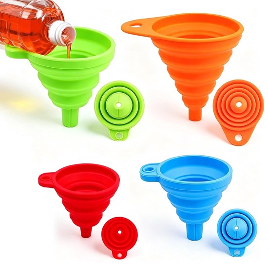 4 stuks opvouwbare siliconen trechter, 4 maten siliconen trechter keuken, inklapbare trechter, voor bier, olie, vloeistoffen, vloeistoffen, 4 kleuren kleiner, S/M/L/XL