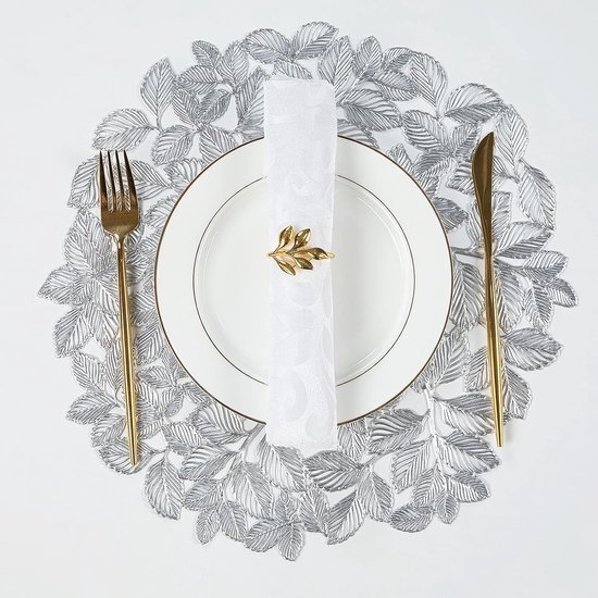 4 stuks placemats met zilveren bladeren, rond, afwasbaar, zilveren placemats, antislip, voor Kerstmis, vuilafstotend, voor Kerstmis, feesttafel, decoratie voor bruiloft, feest