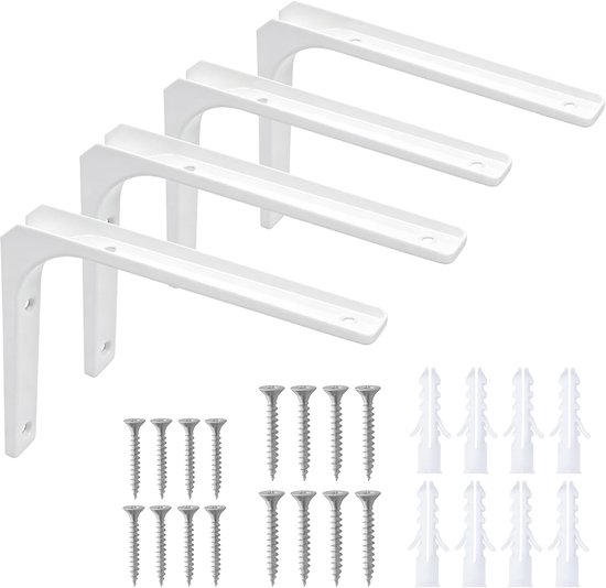 4 stuks plankhouders, wit, plankbeugel, plankdrager, zware belasting, plankhoek, 90 graden L-vormige metalen plank, wandhouder voor hoekrek, houten meubels, met schroeven (143 x 192 mm)