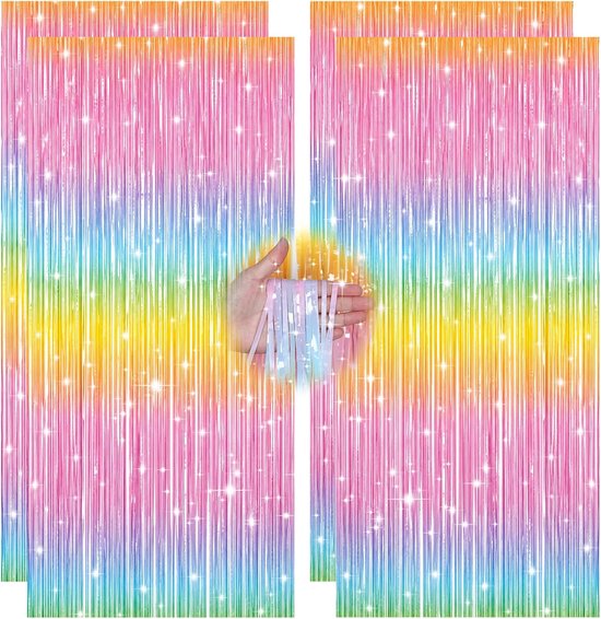 4 stuks regenboog, carnaval, lametta-gordijn, kleurrijk, klatergordijn voor de decoratie van verjaardagsfeesten, rave-feesten, vrijgezellenfeesten (1 m x 2 m) (gekleurd 2)