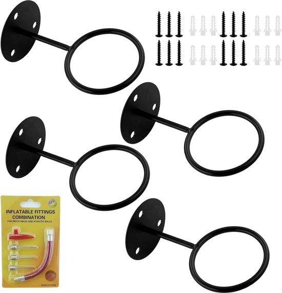 4 stuks robuuste wandgemonteerde balstandaard, 10 cm, hoogwaardige wandhouder, balopbergrek, balhouder met schroeven en opblaasapparaat, voor basketbal, voetbal