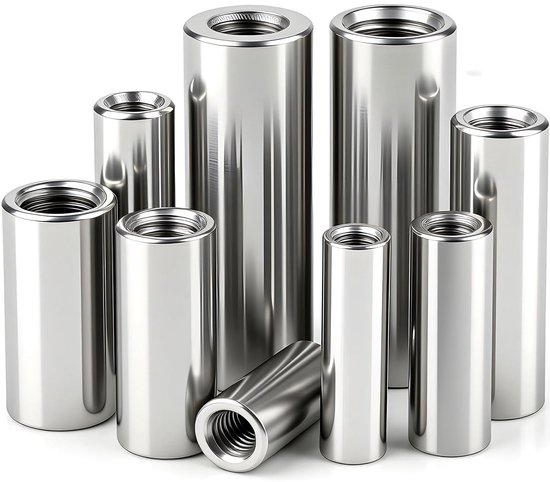 4 stuks ronde schroefdraadmof, M10 x 14 x 40 mm, ronde , 304 roestvrij stalen verbindingsmoeren, verlengmoer, koppelingsmoer, binnendraad, afstandsmof, staafmoer, voor machines, meubels