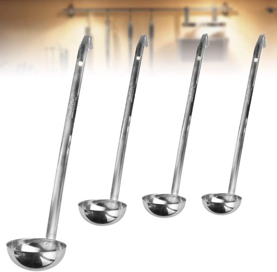 4 stuks soeplepel roestvrij staal, 1/2/3/4 oz sauslepel metalen juslepel professionele serveerlepel kleine inmaaklepel keukengerei lepel met haak en lange handgreep om te koken, zilver